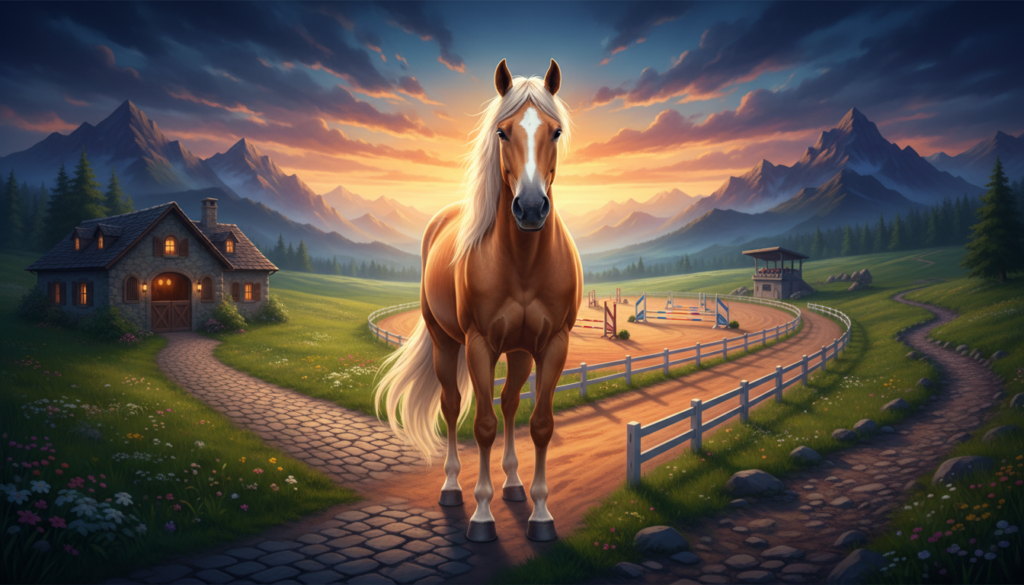 A majestic Haflinger Horse standing in a farm training arena at sunset, showcasing its versatility as an equine powerhouse for riding and work