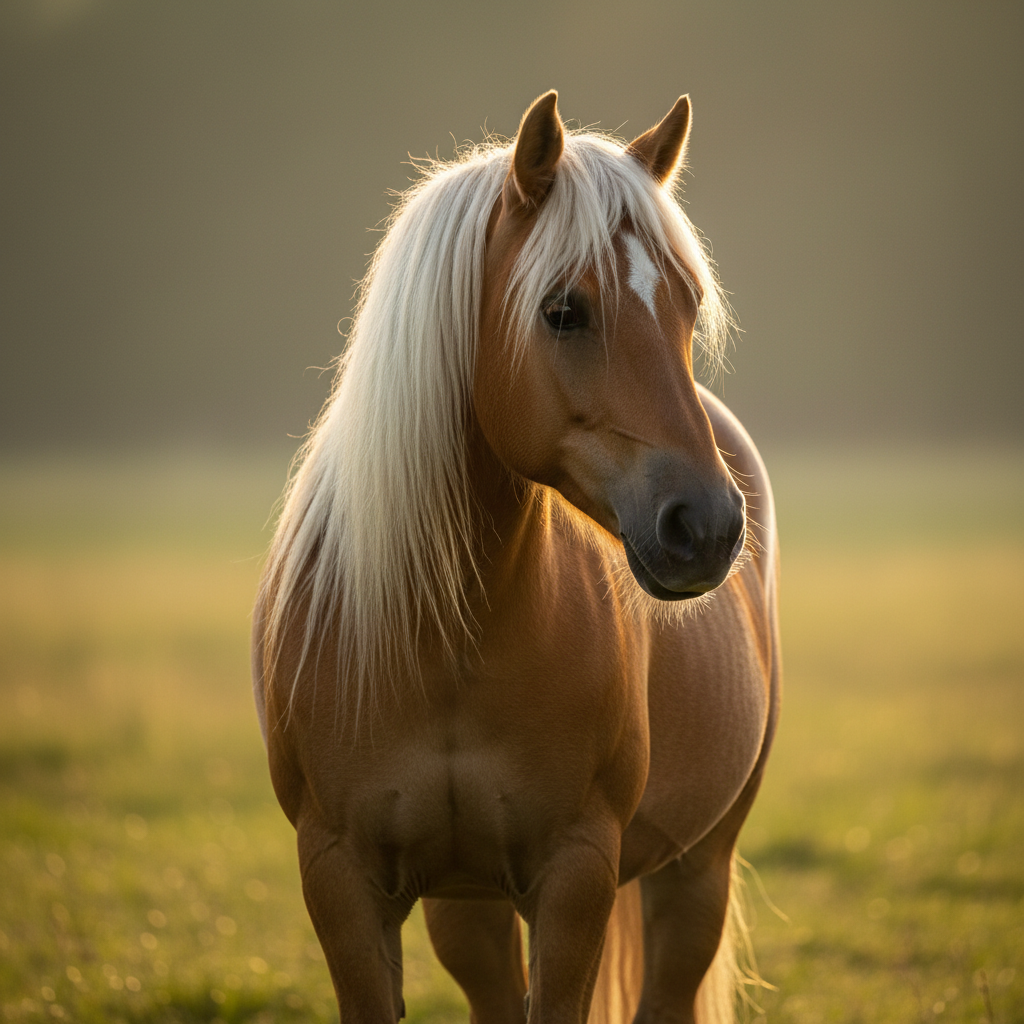A close-up portrait of a majestic Haflinger Horse with a thick flaxen mane, showcasing the breed's elite golden chestnut coat and gentle disposition