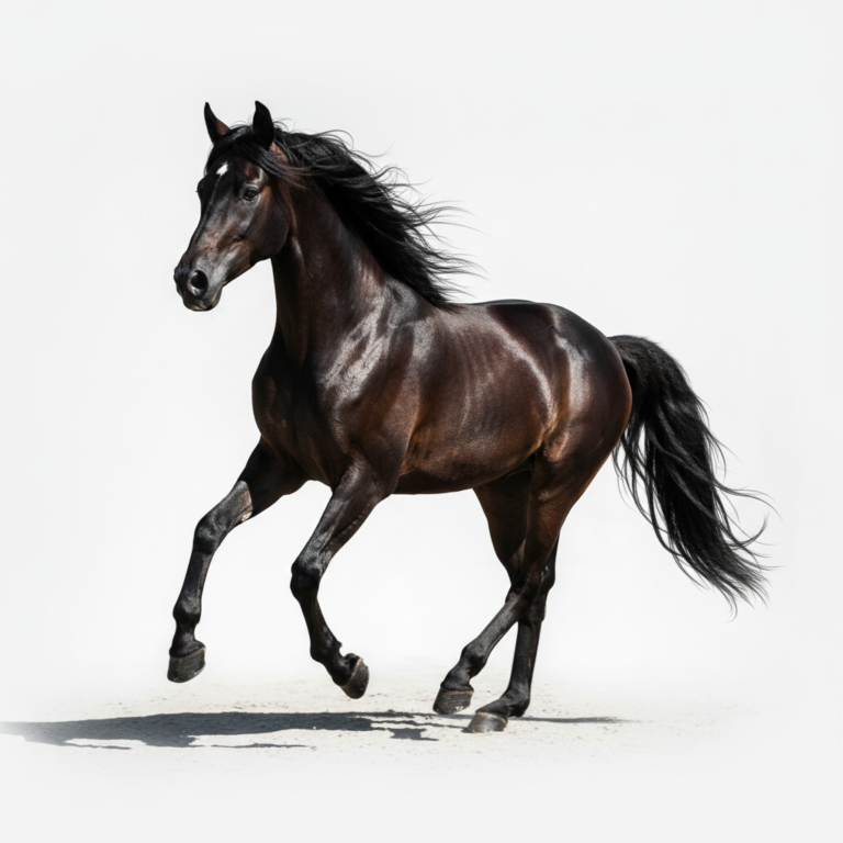 A majestic dark bay Paso Fino Horse galloping with spirited elegance, showcasing the breed's natural brio and refined conformation