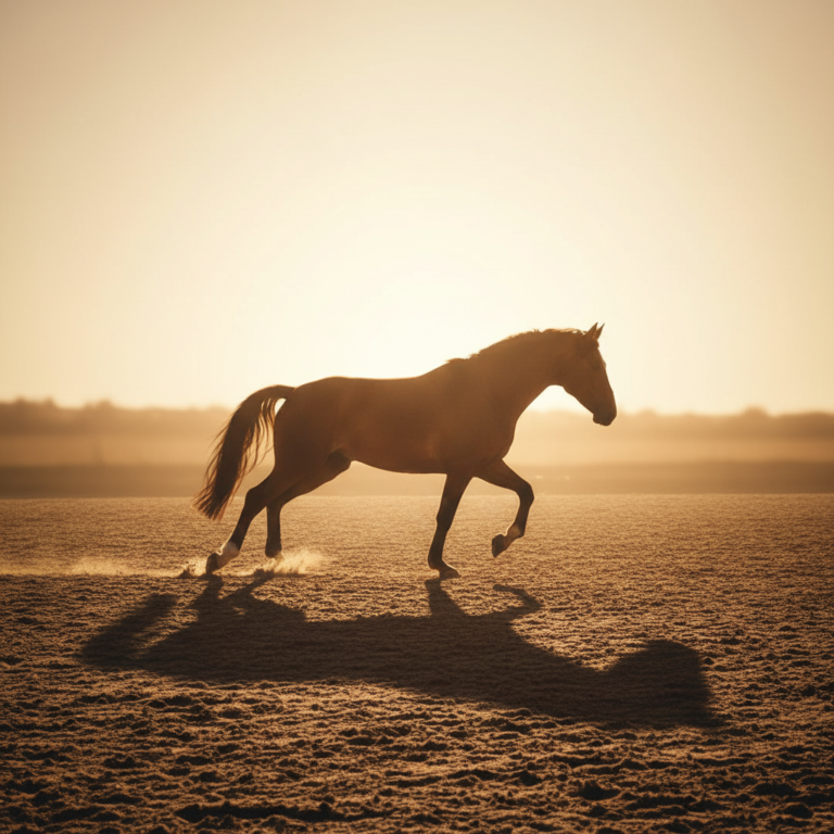 An athletic Warmblood Horse galloping across a field at sunset, showcasing its powerful conformation and elegant movement